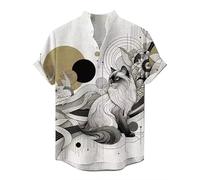 Men Stand Collar Short Sleeve Shirts Vintage Japanese Samurai Animal Cat 3D Printed Button Down Shirt Summer Casual Beach Holiday Tops