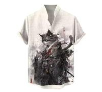 Men Stand Collar Short Sleeve Shirts Vintage Japanese Samurai Animal Cat 3D Printed Button Down Shirt Summer Casual Beach Holiday Tops