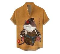 Men Stand Collar Short Sleeve Shirts Vintage Japanese Samurai Animal Cat 3D Printed Button Down Shirt Summer Casual Beach Holiday Tops