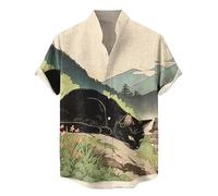 Men Stand Collar Short Sleeve Shirts Vintage Japanese Samurai Animal Cat 3D Printed Button Down Shirt Summer Casual Beach Holiday Tops