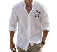 Men Star Printed Shirt Regular Button Up Stand Collar Blouse Top Fashion 3D Vintage Stars Printed Long Sleeve T Shirt Hawaiian Beach Top White