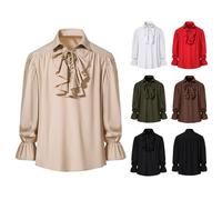 Men Steampunk Gothic Shirts UK Sale Clearance Mens Retro Pleated Victorian Blouses Ruffled T-Shirt Lace-Up Tops Long Sleeve Pullover Lapel Blouse Medieval Renaissance Viking Pirate T-Shirts Red