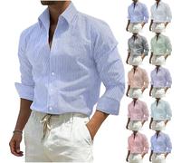 Men Striped Shirt Cotton Linen Shirts Long Sleeve T Shirts Loose Button Down Shirt Casual Non Iron Business Formal Tshirts Fashion Dress Tops Workwear Boys Undershirts Blue