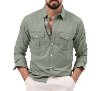 Men Stylish Leisure Multi-Pocket Shirt Long Sleeve Slim Fit Business Button Top Classic Solid Color Shirt, Grey Green, M