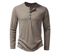 Men Stylish Round Neck Henley Shirt Long Sleeve Slim Fit Leisure Top Lightweight Solid Color Sport Shirt, Khaki, Medium
