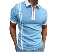 Men Stylish Stripe V Neck Polo Shirts Short Sleeve Slim Workout Sport Top Classic Patchwork Lightweight Shirt (Blue White,L)