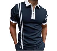 Men Stylish Stripe V Neck Polo Shirts Short Sleeve Slim Workout Sport Top Classic Patchwork Lightweight Shirt (Dark Blue White,L)