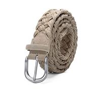 Men Suede Leather Knitted Belt with Wax Rope Braided Belt Silver Buckle Without Holes Cotton Weave Handwork Belts, Beige, 100cm
