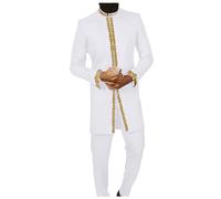 Men Suit Pants Suit Embroidered Round Neck Long Sleeve Solid Color Two Piece Social African National Mens Wear National Style/A#G White