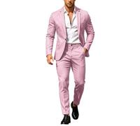 Men Suit Set Casual Tuxedo Cotton 2 Piece Regular Fit Blazer One Button Solid Jacket and Pants for Prom Wedding Party Pink