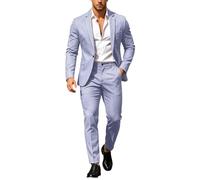 Men Suit Set Casual Tuxedo Cotton 2 Piece Regular Fit Blazer One Button Solid Jacket and Pants for Prom Wedding Party Blue