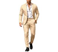 Men Suit Set Casual Tuxedo Cotton 2 Piece Regular Fit Blazer One Button Solid Jacket and Pants for Prom Wedding Party Light Yellow
