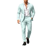 Men Suit Set Casual Tuxedo Cotton 2 Piece Regular Fit Blazer One Button Solid Jacket and Pants for Prom Wedding Party Mint Green