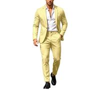 Men Suit Set Casual Tuxedo Cotton 2 Piece Regular Fit Blazer One Button Solid Jacket and Pants for Prom Wedding Party Yellow