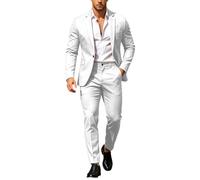 Men Suit Set Casual Tuxedo Cotton 2 Piece Regular Fit Blazer One Button Solid Jacket and Pants for Prom Wedding Party White