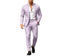 Men Suit Set Casual Tuxedo Cotton 2 Piece Regular Fit Blazer One Button Solid Jacket and Pants for Prom Wedding Party Light Purple