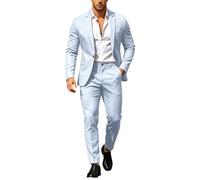 Men Suit Set Casual Tuxedo Cotton 2 Piece Regular Fit Blazer One Button Solid Jacket and Pants for Prom Wedding Party Light Blue