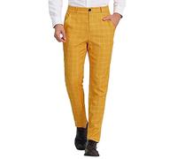 Men Suit Trousers, Slim Fit Flat-Front Plaid Suit Trousers, Casual Plain Checked Business Office Smart Work Formal Chino Trousers, Lasting Comfortable Straight Leg Dress Pants with Pockets Yellow