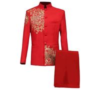 Men Suits 2 Piece Set Mens Chinese Tunic Suit Set Embroidered Stand Collar Blazer Pants Outfit for Choir Host Red XX-Large