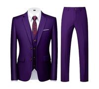 Men Suits 3 Piece Slim Fit Single Breasted Two Button Violet Wedding Tuxedo Suit Blazer Waistcoat Trousers(Purple,Small)
