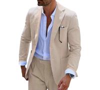 Men Suits Summer 2 Pieces Seersucker Suit Pinstrip Casual 2 Button Slim Fit Suits for Men Wedding Party Suit Jacket Pants Trousers, Khaki, L