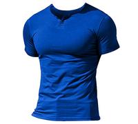 Men Summer Casual Short Sleeve Henleys T-Shirt Single Button Placket Plain v Neck Shirts Cotton Style A Blue S