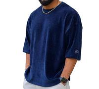 Men T-Shirt Simplicity Solid Color Men Casual Shirt Loose Comfortable Men Basic T-Shirt Summer Corduroy Short Sleeve T-Shirt Sport Fitness Men Round Neck T-Shirt D-Navy M