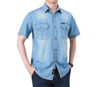 Men T-Shirt Spring Summer Denim Vintage Causal Shirt Men Half Sleeves Personality Youth Short Sleeve Men Button Decoration Holiday Denim Jacket Men A-Light Blue L