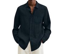 Men t Shirts Cotton Linen Solid Casual Plus Size Loose Shirt Mens Turn Down Collar Long Sleeve Shirt Formal Shirts for Men (Navy, M)