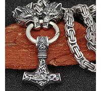 Men Thor's Hammer Viking Necklace, Silver Stainless Steel Nordic Mythology Mjolnir Amulet Pendant Jewelry, Multiple Style Animal Head Square King Chain,Wolf Head 3,60 cm