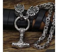 Men Thor's Hammer Viking Necklace, Silver Stainless Steel Nordic Mythology Mjolnir Amulet Pendant Jewelry, Multiple Style Animal Head Square King Chain,Fenrir Wolf,70 cm