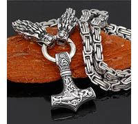 Men Thor's Hammer Viking Necklace, Silver Stainless Steel Nordic Mythology Mjolnir Amulet Pendant Jewelry, Multiple Style Animal Head Square King Chain,Dragon Head 3,70 cm