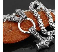 Men Thor's Hammer Viking Necklace, Silver Stainless Steel Nordic Mythology Mjolnir Amulet Pendant Jewelry, Multiple Style Animal Head Square King Chain,Celtic Dragon,70 cm