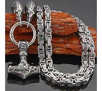 Men Thor's Hammer Viking Necklace, Silver Stainless Steel Nordic Mythology Mjolnir Amulet Pendant Jewelry, Multiple Style Animal Head Square King Chain,Raven Head,70 cm