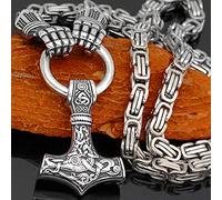 Men Thor's Hammer Viking Necklace, Silver Stainless Steel Nordic Mythology Mjolnir Amulet Pendant Jewelry, Multiple Style Animal Head Square King Chain,Hand,60 cm