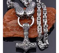 Men Thor's Hammer Viking Necklace, Silver Stainless Steel Nordic Mythology Mjolnir Amulet Pendant Jewelry, Multiple Style Animal Head Square King Chain,Snake Head 1,70 cm