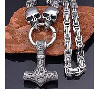 Men Thor's Hammer Viking Necklace, Silver Stainless Steel Nordic Mythology Mjolnir Amulet Pendant Jewelry, Multiple Style Animal Head Square King Chain,Skull 1,70 cm