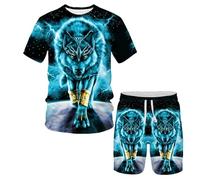 Men Tracksuit 2 Piece Short Set Dragon Wolf Tiger Pattern 3D Printed Short Sleeve T Shirts and Drawstring Shorts Set