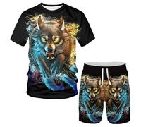 Men Tracksuit 2 Piece Short Set Dragon Wolf Tiger Pattern 3D Printed Short Sleeve T Shirts and Drawstring Shorts Set