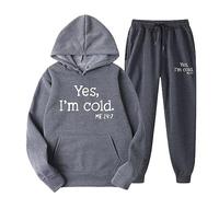 Men Tracksuits 2 Piece Athletic Sweat Suits Leisure Jogging Set Yes I'm Cold Letter Printed Hoodie with Hood and Pockets Sports Pants Tracksuit Sportwear Loose Casual Suit Lounge Wear