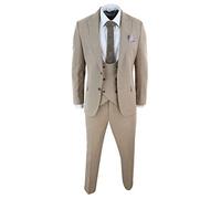 Men Tweed 3 Piece Suit Tan Oak Double Breasted Tailored Fit Wedding - Camel 36