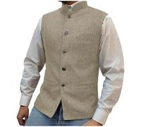 Men Tweed Waistcoats Vintage Single Breasted Herringbone Waistcoat Mens Stand Collar Sleeveless Button Retro Blazer Jacket Business Formal Dress Suit Vest Weeding Party Gilet with Pockets XS-3XL