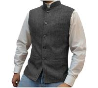 Men Tweed Waistcoats Vintage Single Breasted Herringbone Waistcoat Mens Stand Collar Sleeveless Button Retro Blazer Jacket Business Formal Dress Suit Vest Weeding Party Gilet with Pockets XS-3XL