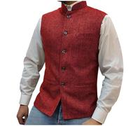 Men Tweed Waistcoats Vintage Single Breasted Herringbone Waistcoat Mens Stand Collar Sleeveless Button Retro Blazer Jacket Business Formal Dress Suit Vest Weeding Party Gilet with Pockets XS-3XL