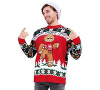 Men Ugly Xmas Knitted Sweater Comfy Christmas Gingerbread Man Jumper Long Sleeve Red Fall Ribbed Cuffs Bold Pullover XL