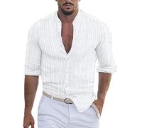 Men Urban Classics Casual Shirts Linen Shirts Striped Shirt Top Grandad Collar Shirts Lightweight Breathable Dress Shirts Button Down Shirt Formal Shirts Slim Fit Casual Work Shirts Overshirt White