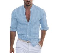 Men Urban Classics Casual Shirts Linen Shirts Striped Shirt Top Grandad Collar Shirts Lightweight Breathable Dress Shirts Button Down Shirt Formal Shirts Slim Fit Casual Work Shirts Overshirt