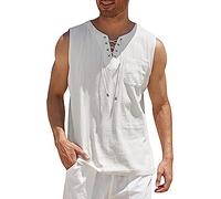 Men V-Neck Drawstring Fashion Hippie Tank Top Summer Sleeveless Vest Linen Tank Top Beach Shirt Summer with Pockets (White,5XL)