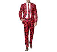 Men Valentine's Day Slim Fit Suit 2PC, Love Heart Print Blazer Jacket Dress Suit Pants Outfits, V Neck Blazer Jacket Pants Two-Piece Orange