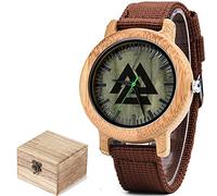 Men Viking Canvas Watch Band Analog Wooden Wrist Watch,Nordic Vintage Quartz Analog Watch, Handmade Fashion Watches. (A)